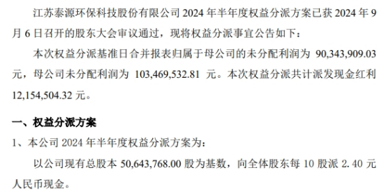 泰源环保2024年半年度权益分派每10股派现24元共计派发现金红利121545万元