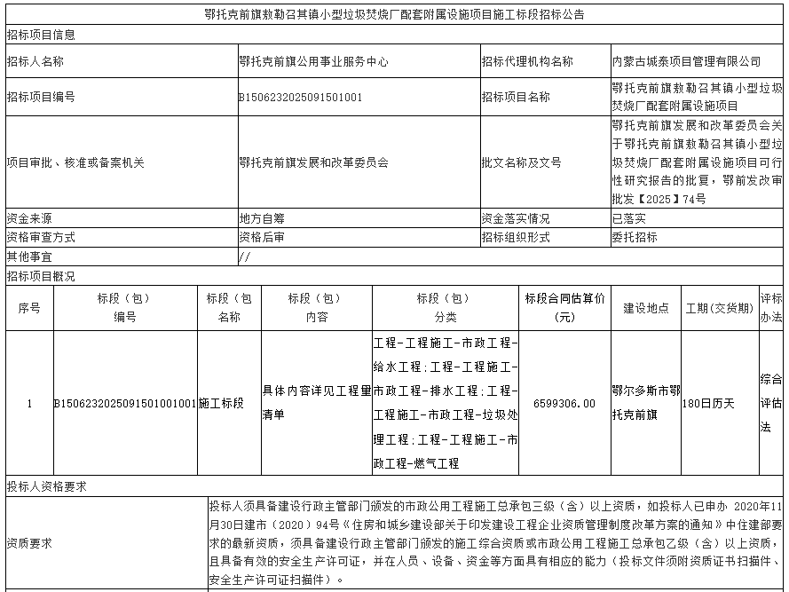 内蒙古鄂托克前旗敖勒召其镇小型垃圾焚烧厂配套附属设施项目施工标段招标